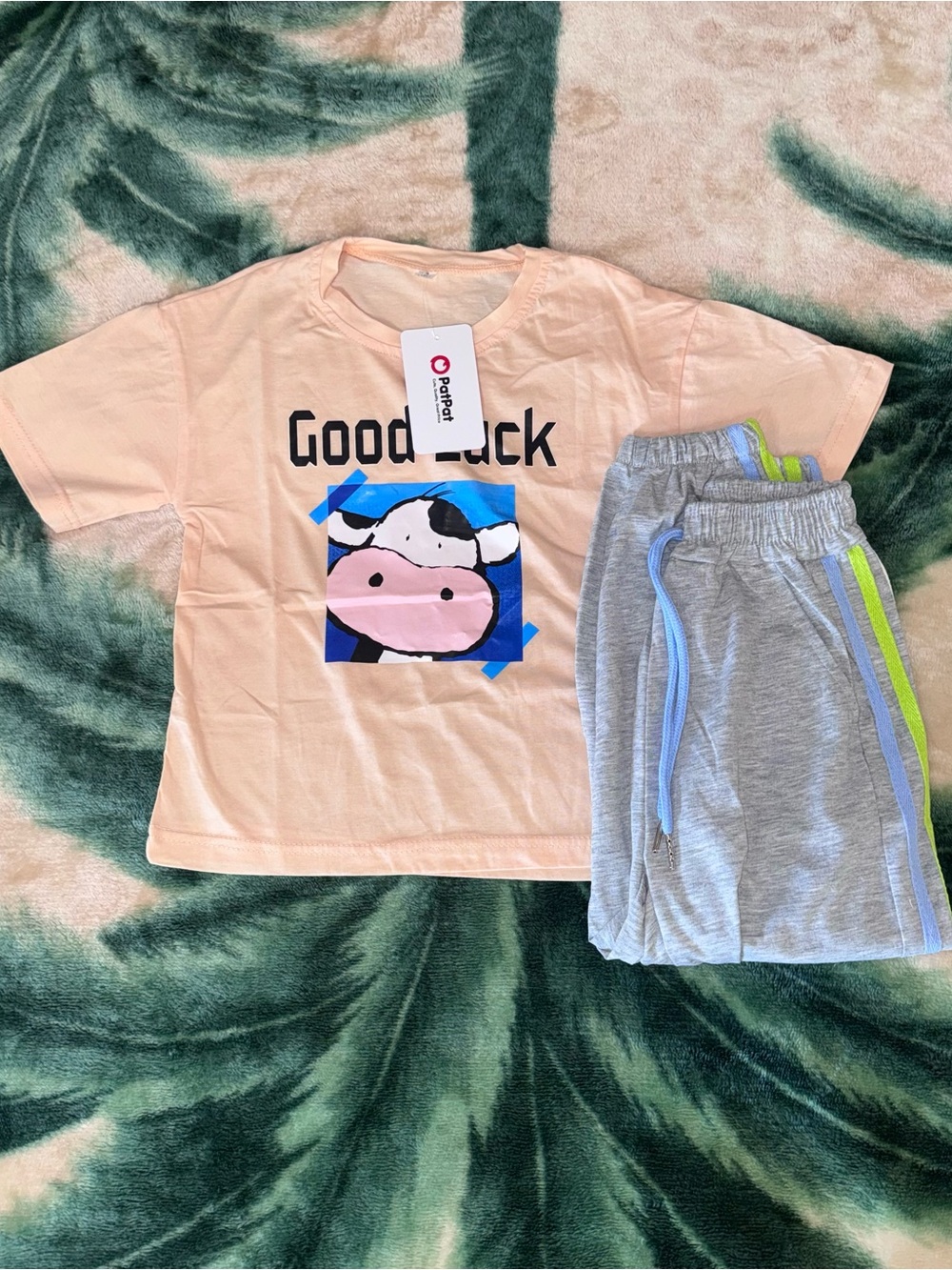 Kids Good Luck Cow Graphic Pajama Set - Peach Top & Gray Shorts